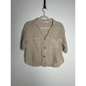 ZARA Tan Short Sleeve Linen Button Down Oversized Crop Top Size S